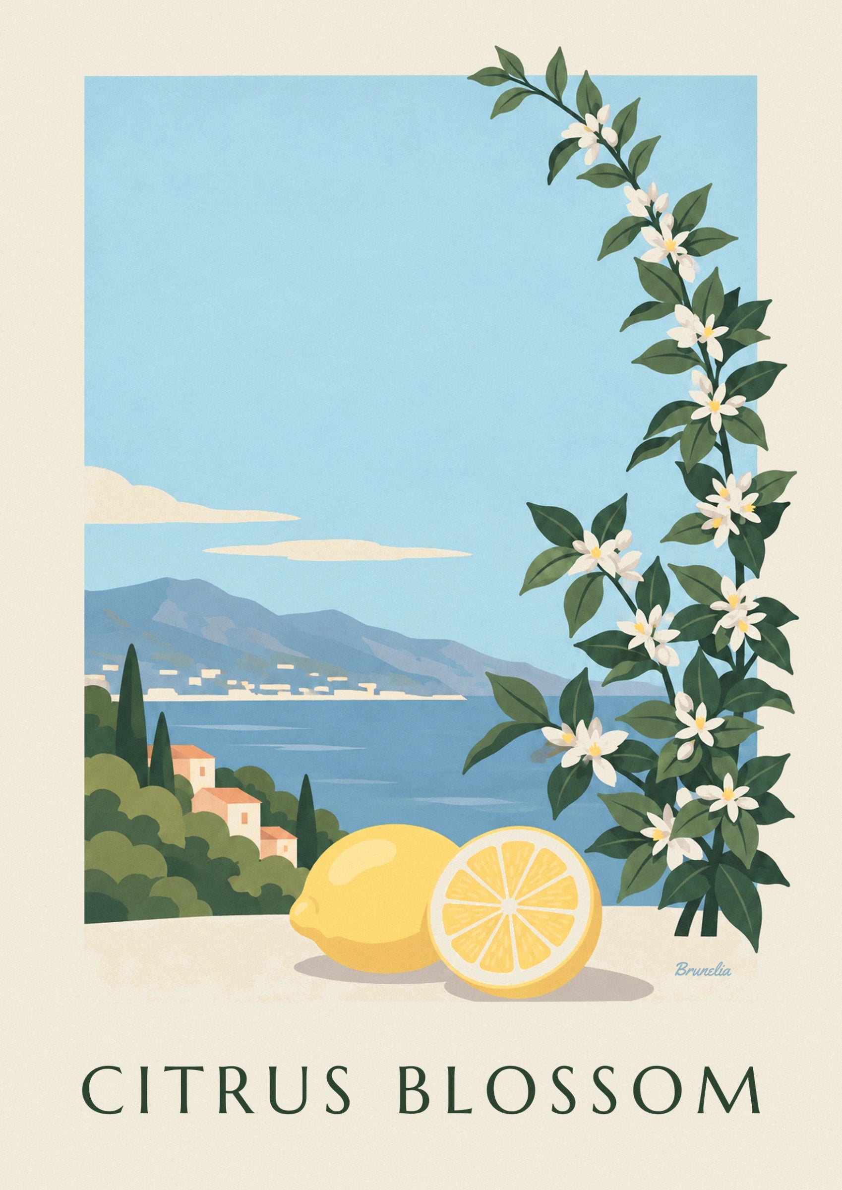 Un citron entier et un demi-citron au bord de l'eau, fleurs blanches de citronnier en haut à droite