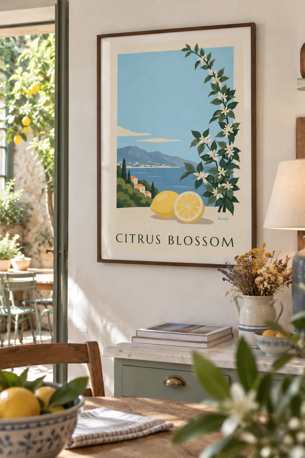 Mise en situation de Affiche citron, demi-citron et fleurs blanches de citronnier