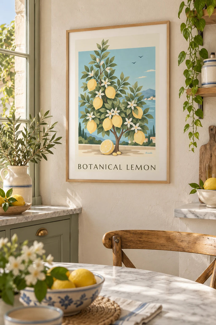 Plakat med citrontræ, Citrus limon, som botanisk tegning: indrammet på væggen