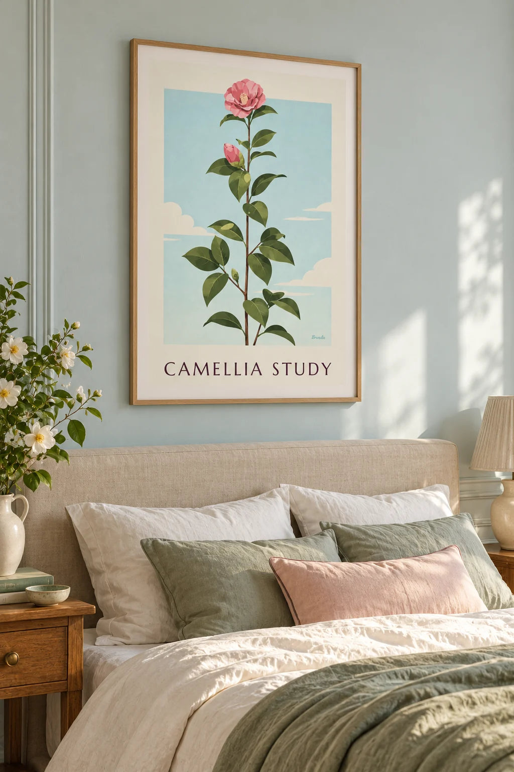 Chambre : mise en situation de Affiche planche botanique de camélia rose en fleur