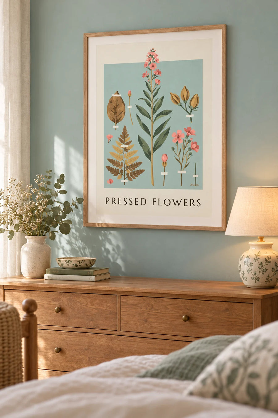 Plakat med herbarium af tørrede planter og blomster på cremefarvet papir: indrammet på væggen
