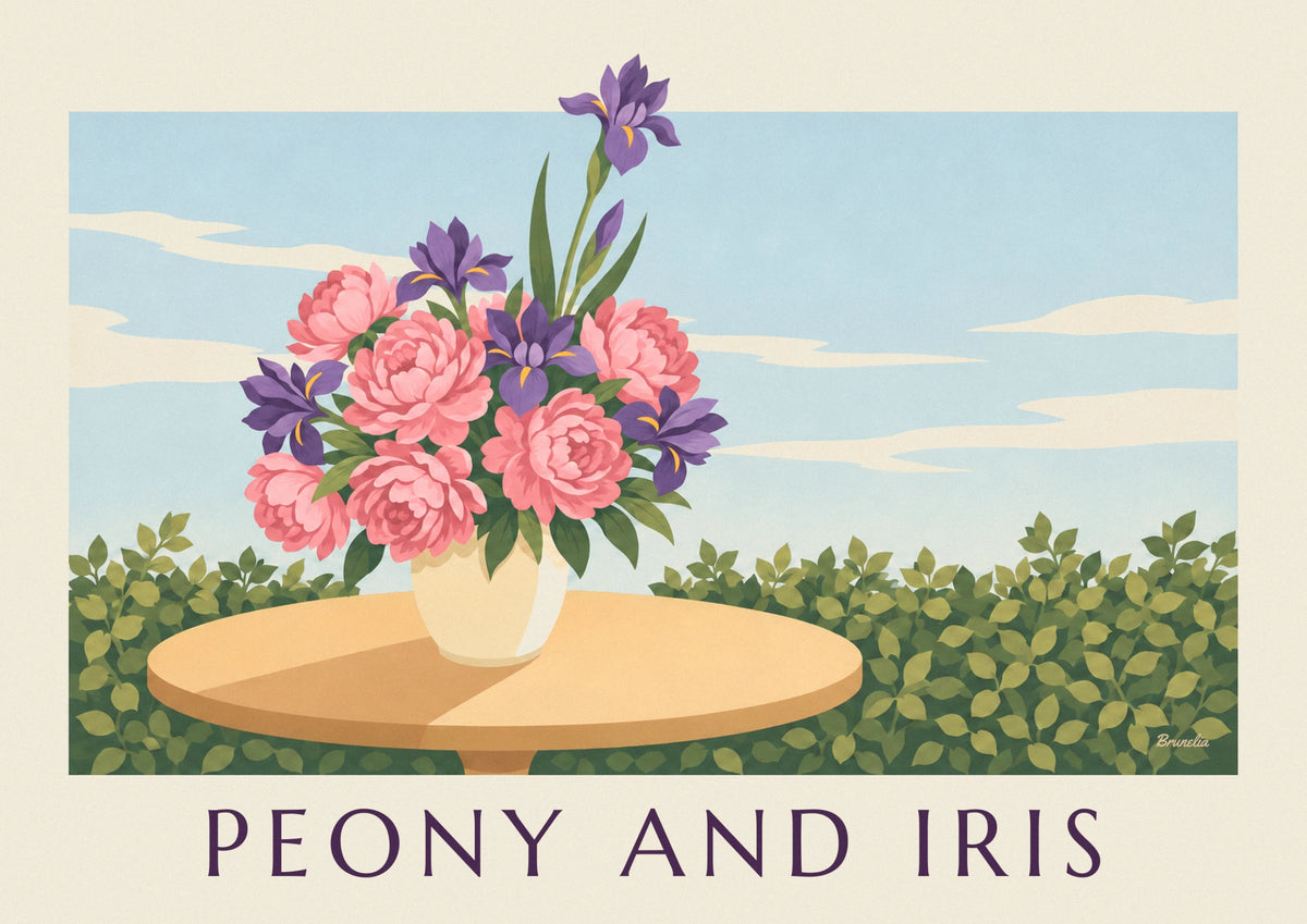 Pink peony and purple iris bouquet poster