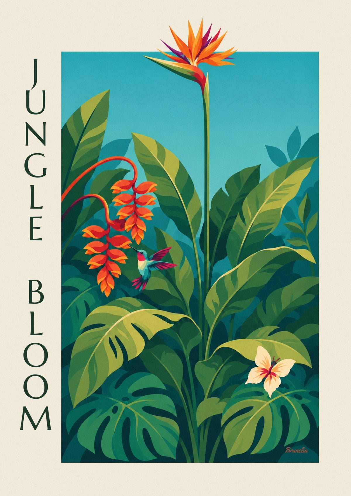 Tropical jungle, exotic flowers and hummingbird poster