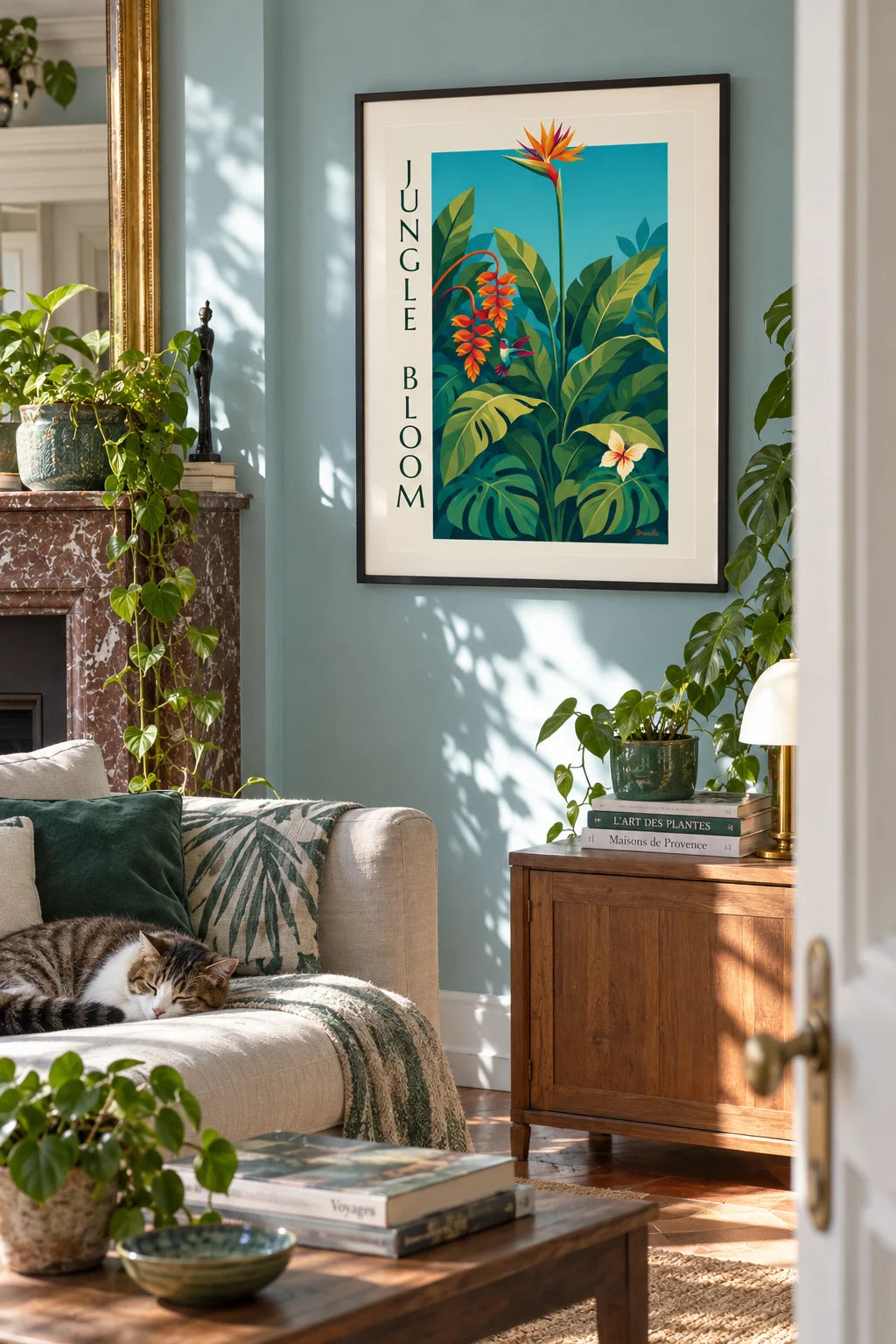 Mise en situation de Affiche jungle tropicale, fleurs exotiques et colibri