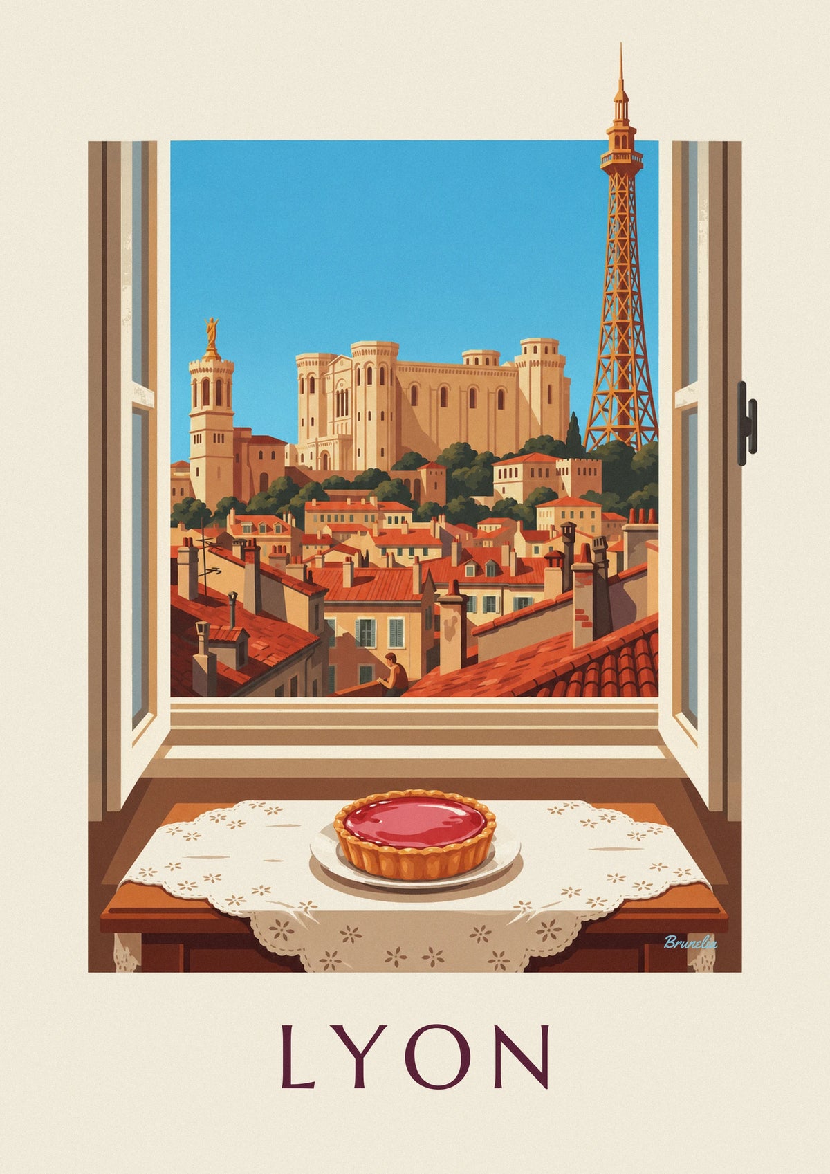 Affiche tarte aux pralines roses à la fenêtre d'un salon lyonnais