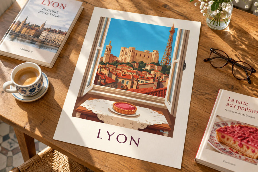 Plakat med lyserød pralinetærte i vinduet til en salon i Lyon: stillet på et bord