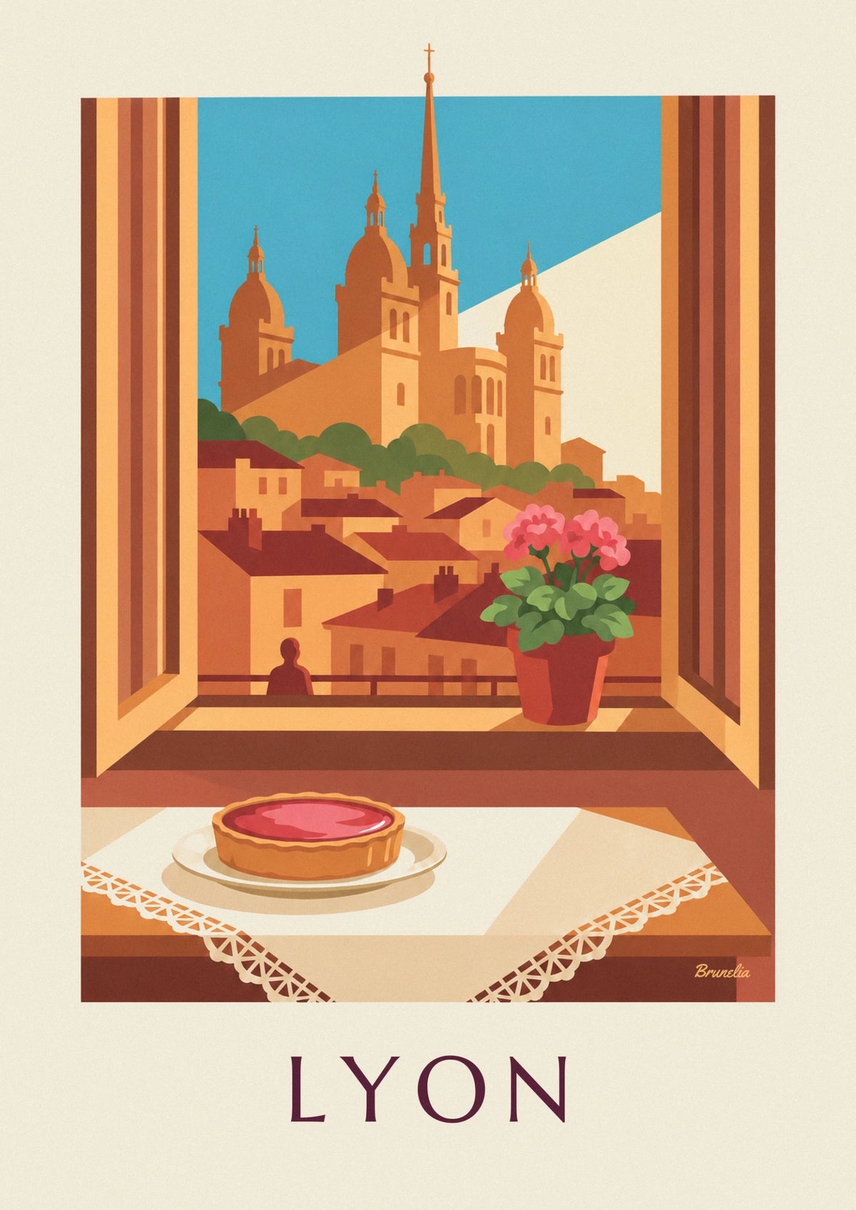 Pink praline tart at a Lyon living room window poster