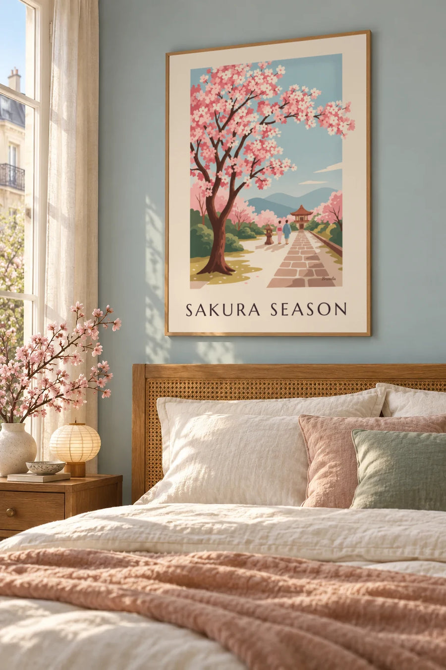 Plakat med blomstrende kirsebærgren fra Japan: indrammet på væggen