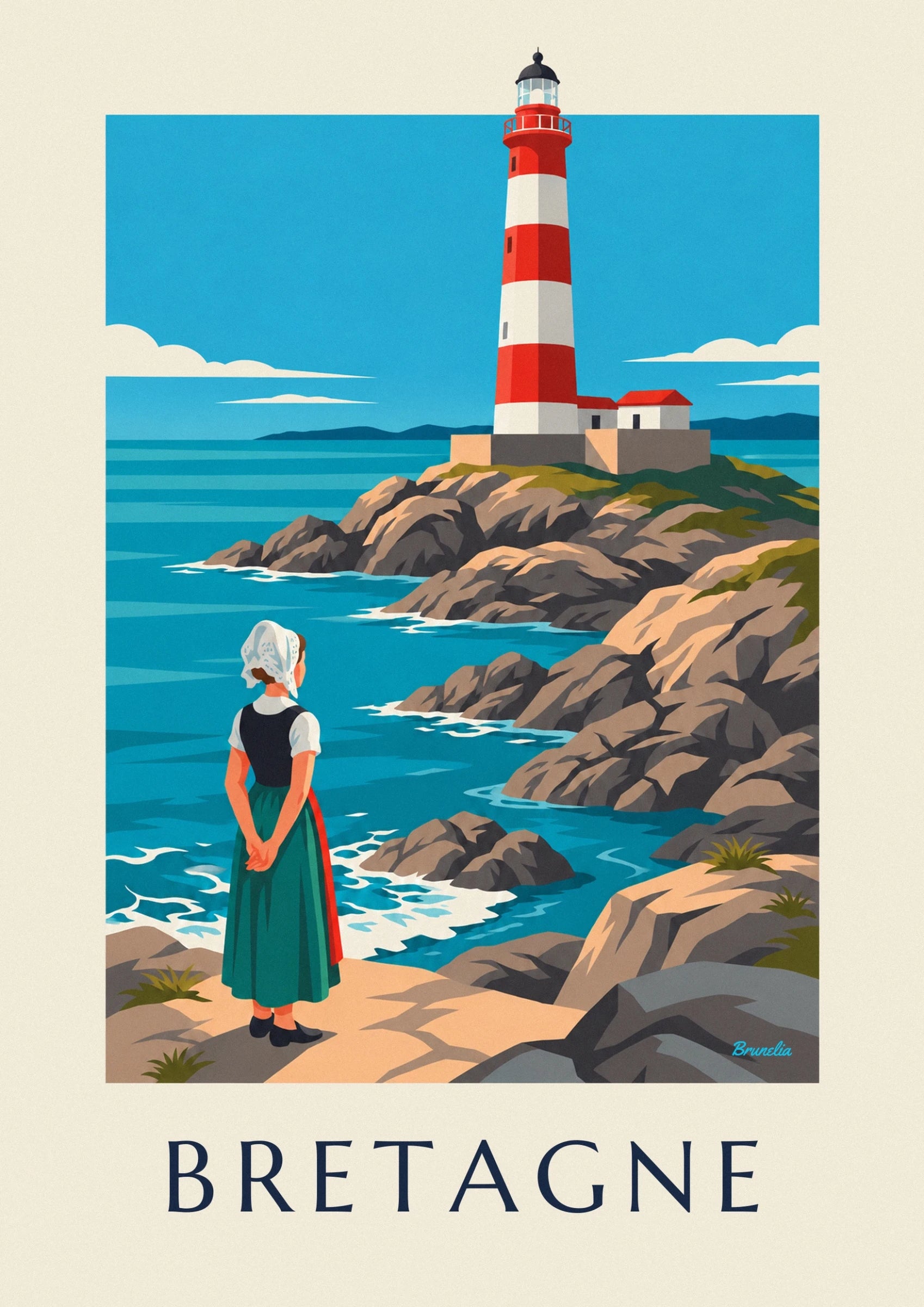 La Bretonne de dos, en coiffe blanche et jupe verte, face à la mer turquoise