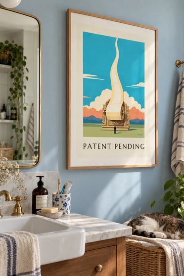 Poster of a toilet paper roll patent, technical drawing: framed on the wall