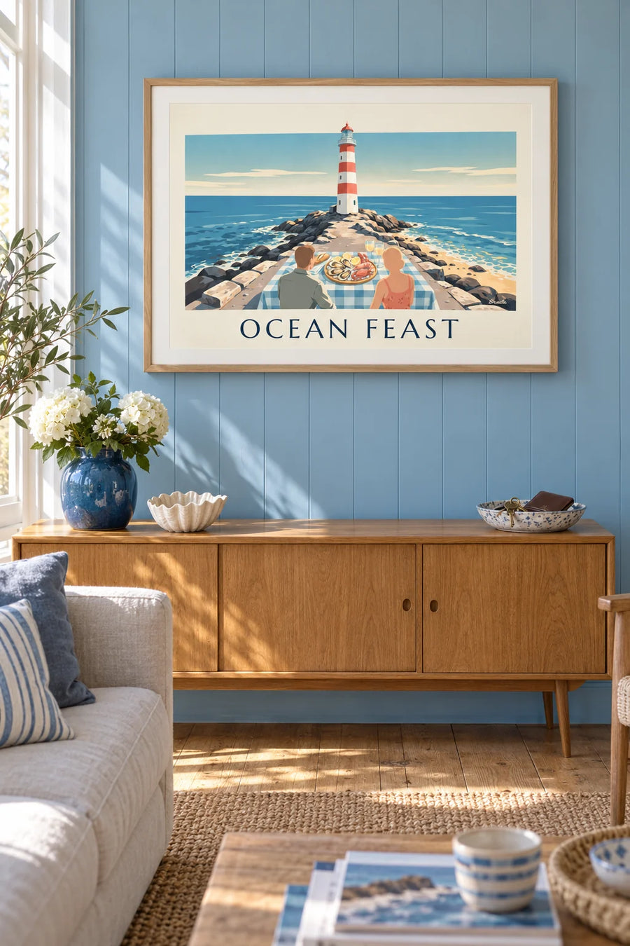 Poster of a seafood platter at the foot of a lighthouse: framed on the wall