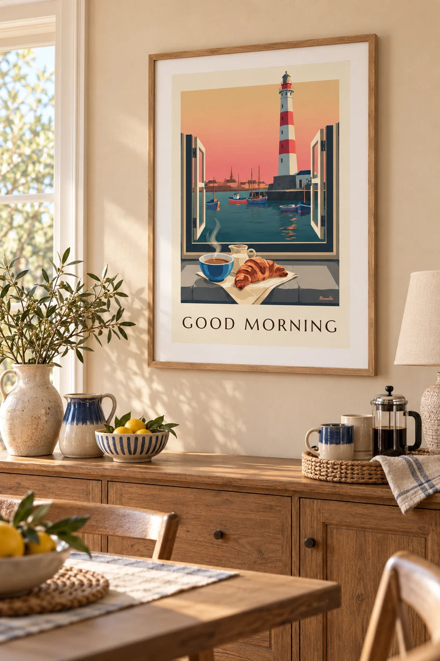 Plakat med kaffekop og croissant i vinduet med udsigt til fyrtårnet: indrammet på væggen