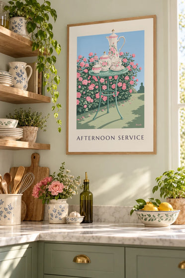 Affiche service à thé et café en porcelaine fleurie au jardin : encadrée au mur