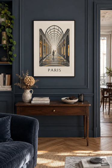 Plakat med Galerie Vivienne, overdækket passage og glastag i Paris: indrammet på væggen