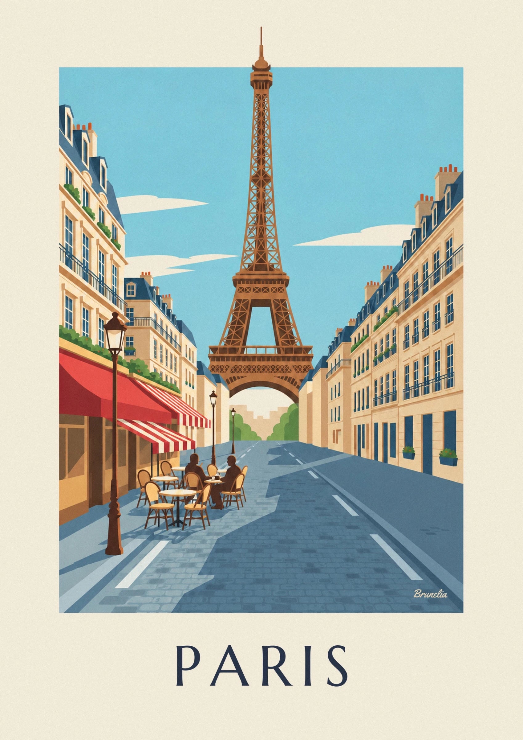 The brown tour Eiffel and its arch between buildings with cream façades