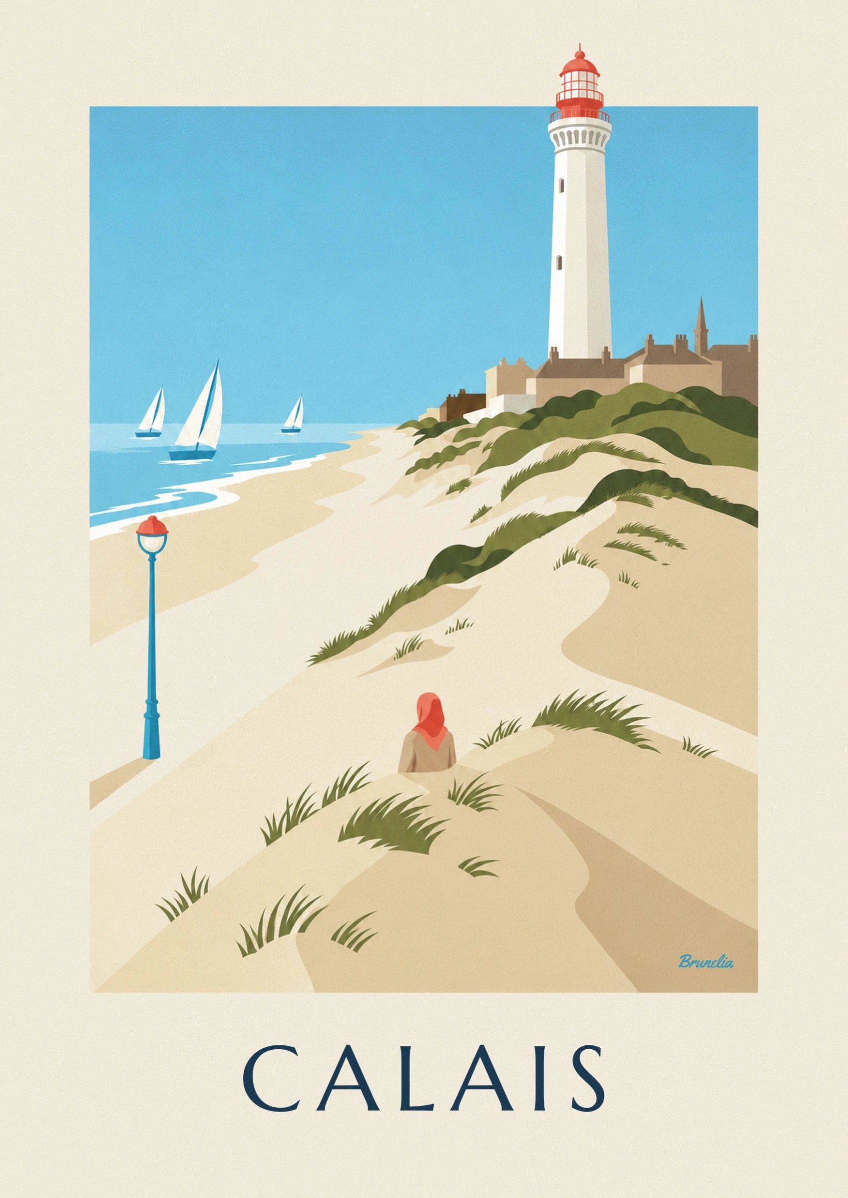 Le phare blanc à lanterne rouge, au-dessus des maisons de brique et des dunes
