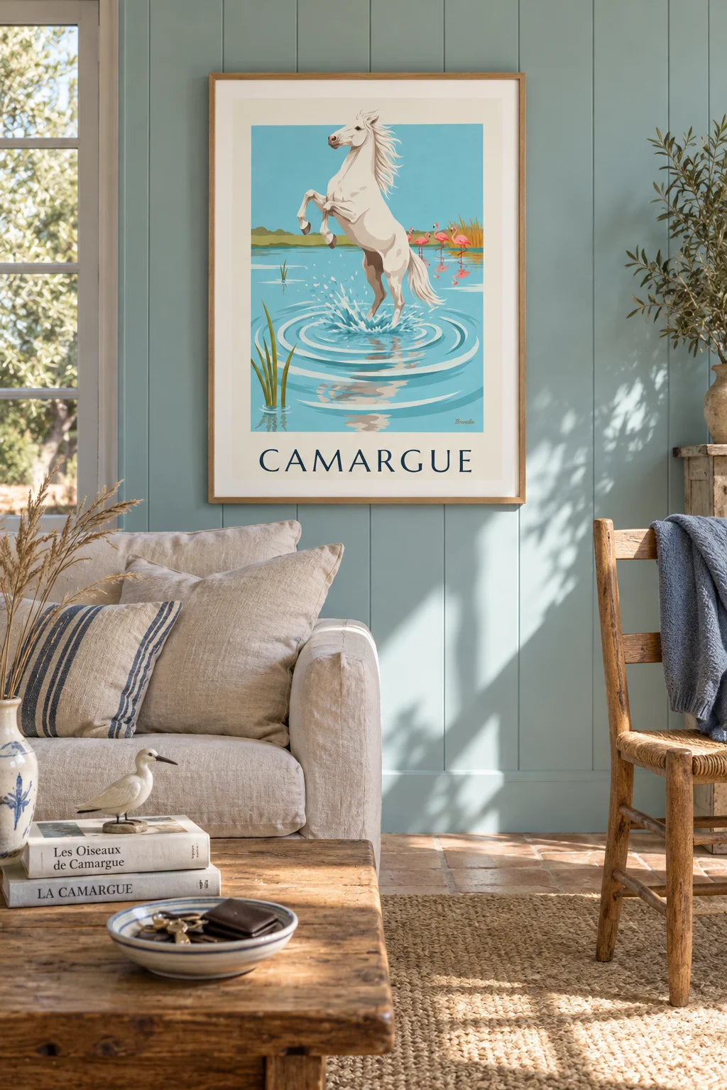 White horse galloping through water in Camargue poster on the wall