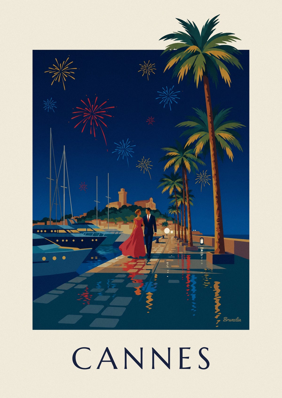 Cannes palm trees couple and fireworks night poster