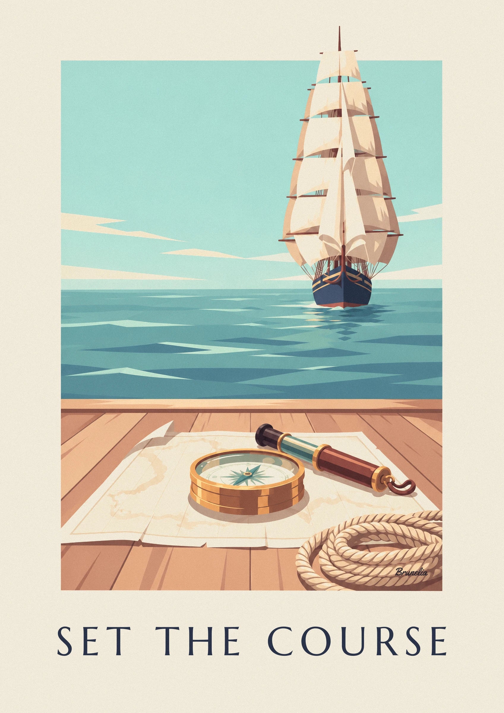 Plakat med nautisk kompas i messing på et søkort: nærbillede af detalje