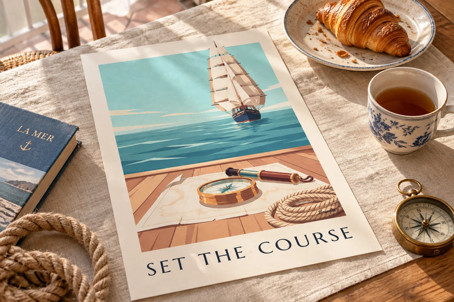 Plakat med nautisk kompas i messing på et søkort: stående på et bord