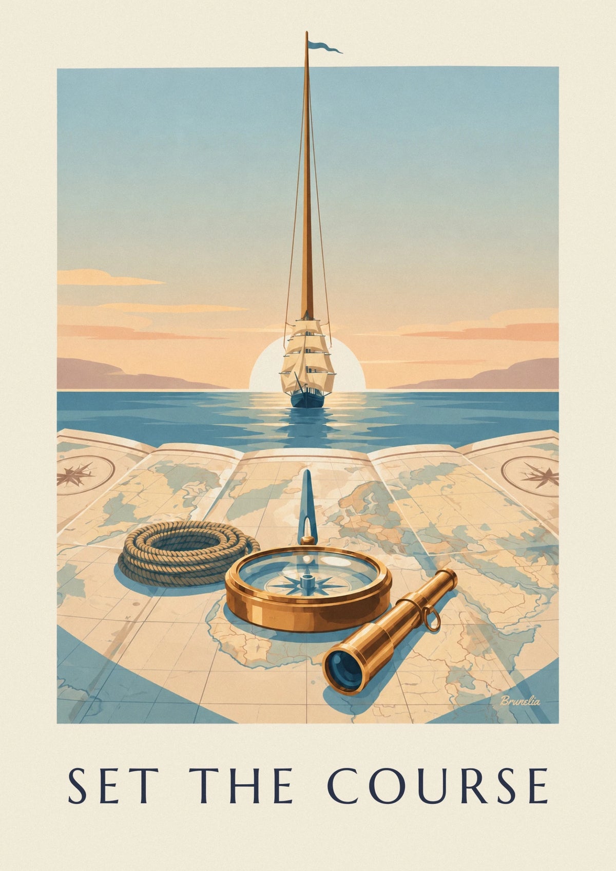 Brass nautical compass on a sea chart poster