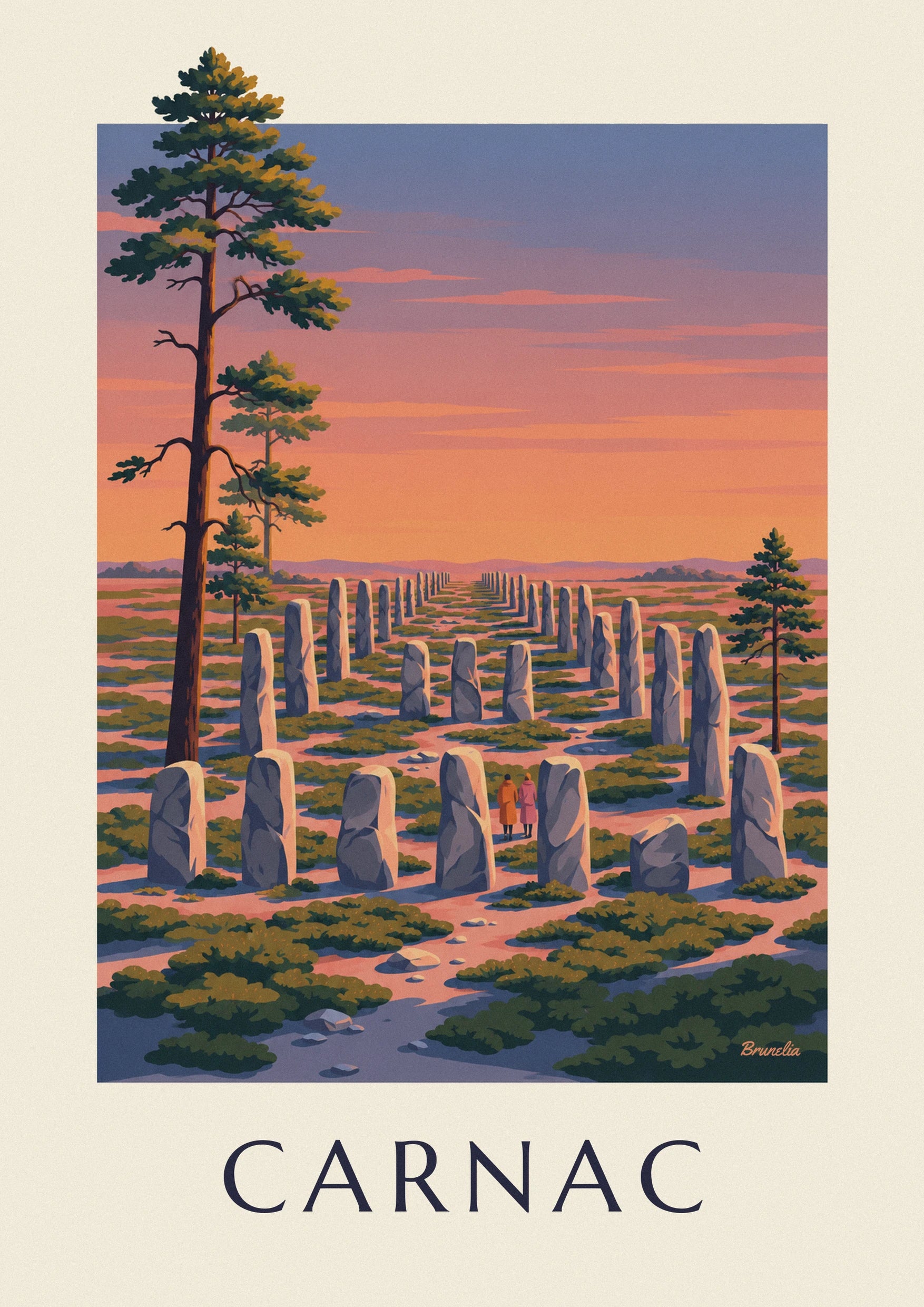 Plakat med Carnacs menhirer ved solnedgang: nærbillede af detalje