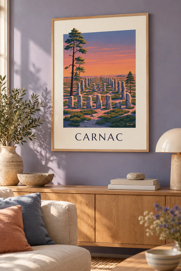 Plakat med Carnacs menhirer ved solnedgang : indrammet på væggen