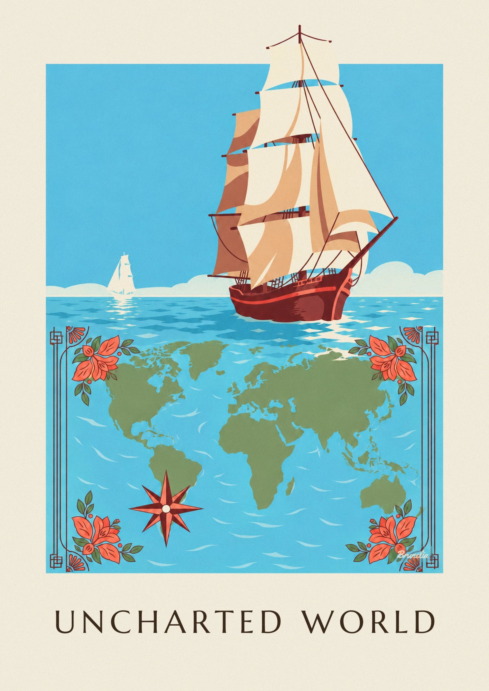 The tall ship with cream and ochre sails and a reddish-brown hull on a blue sea