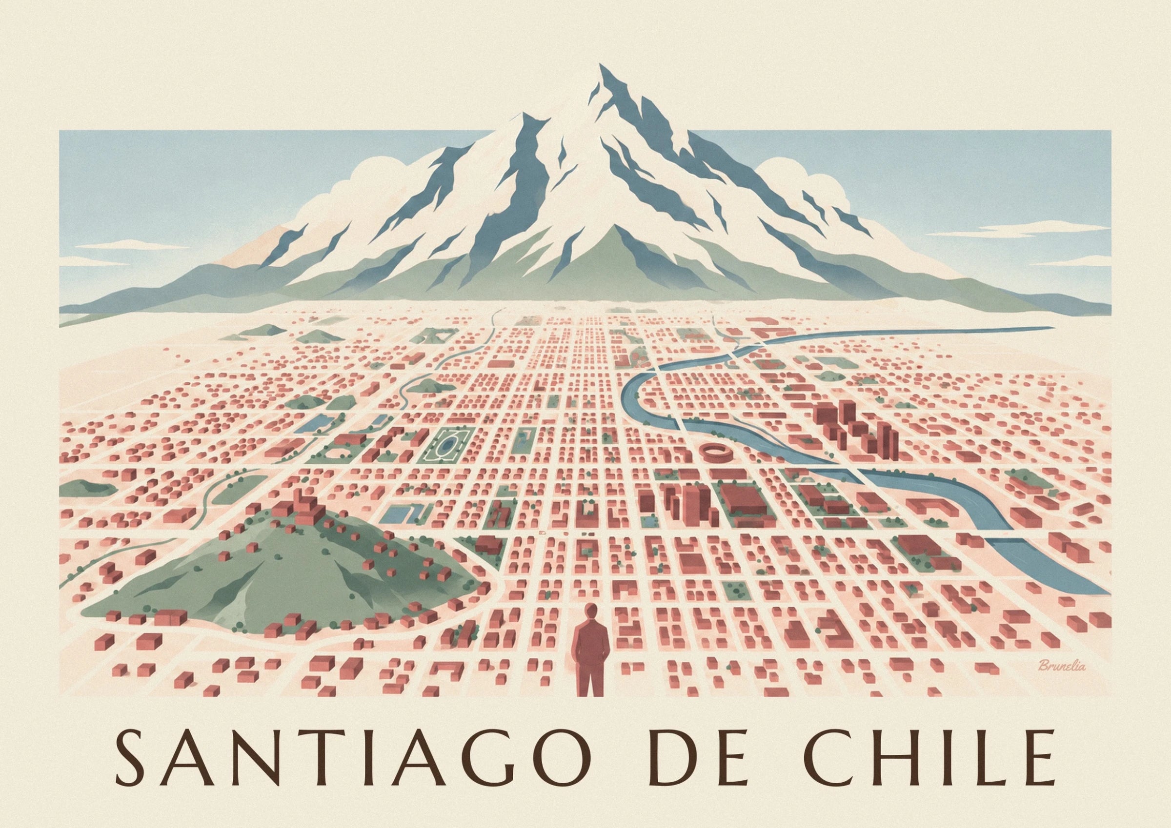 The rugged peaks of the Andes with blue shadows above the streets of Santiago