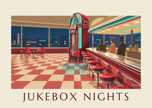Plakat med oplyst jukebox i en amerikansk diner: hele plakaten