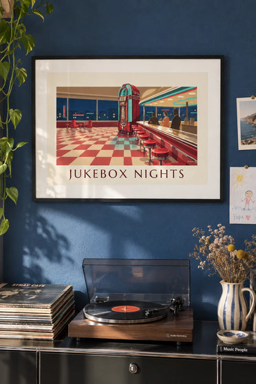 Affiche juke-box illuminé dans un diner américain : encadrée au mur