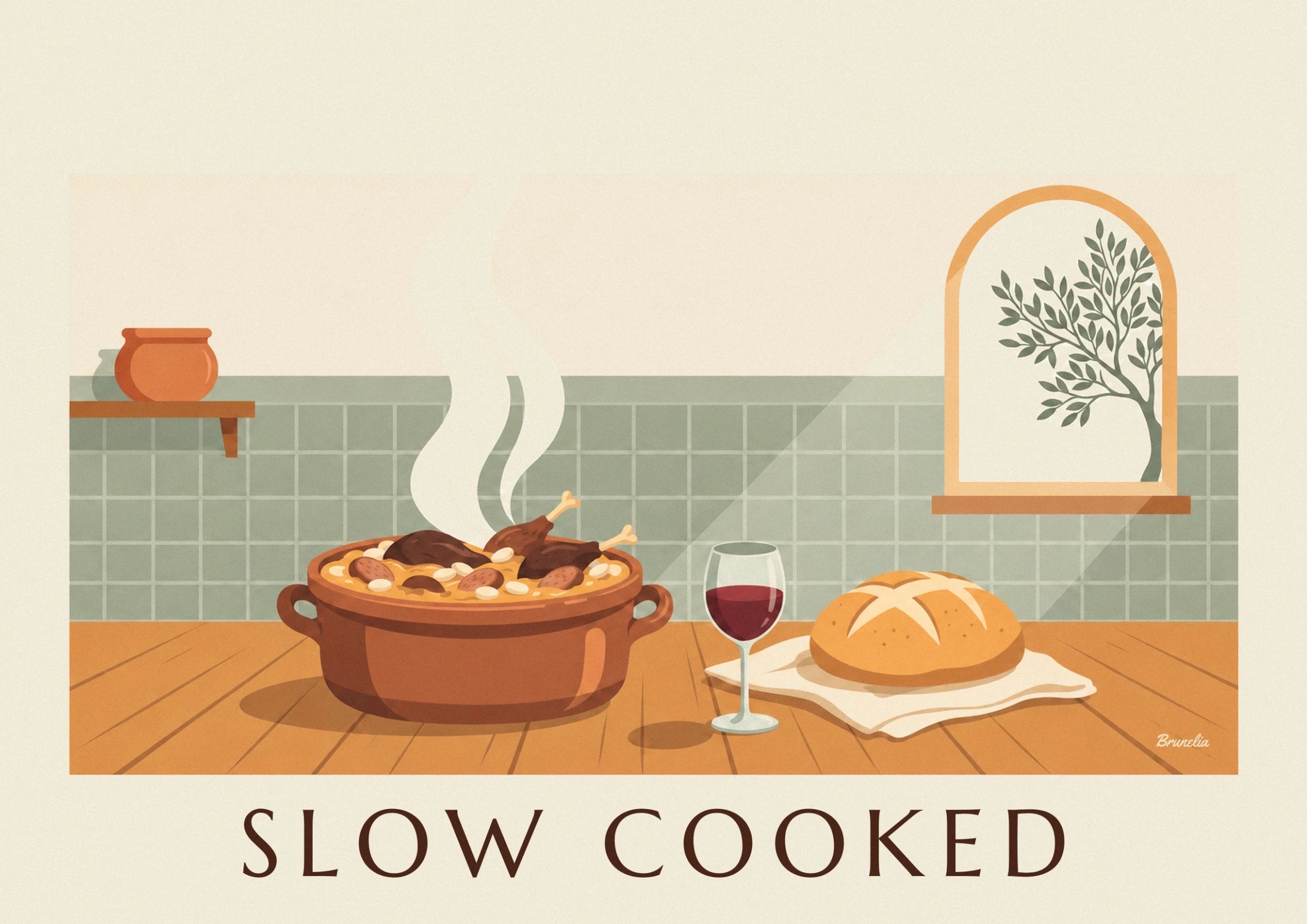 Steaming cassoulet in its brown earthenware dish, filled with white beans and meats