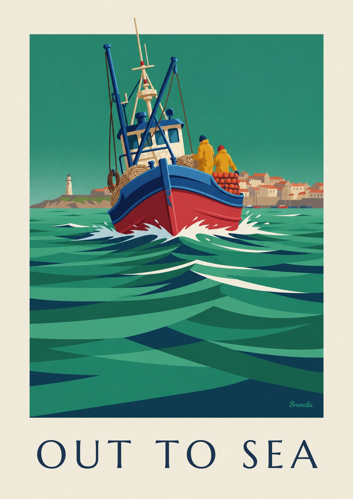Blue and red trawler heading out to sea poster