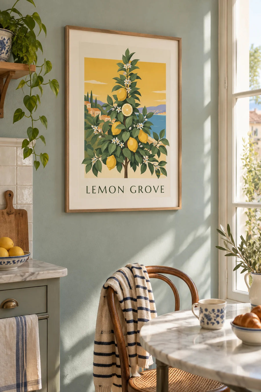 Botanical plate poster of a lemon tree in flower and fruit: framed on the wall