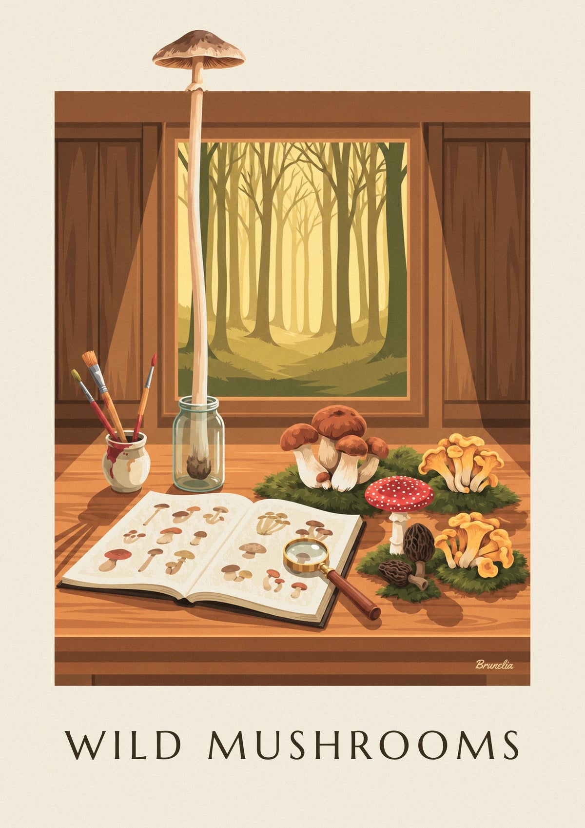 Affiche table de naturaliste, cèpes, girolles et amanite tue-mouches