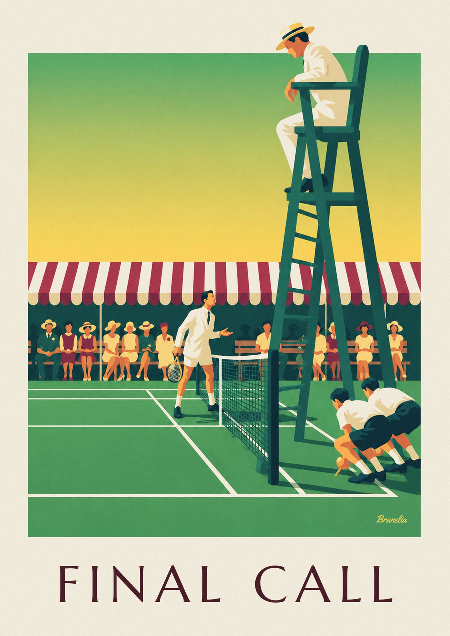 Plakat med dommer på dommerstol ved en tennisbane med græs