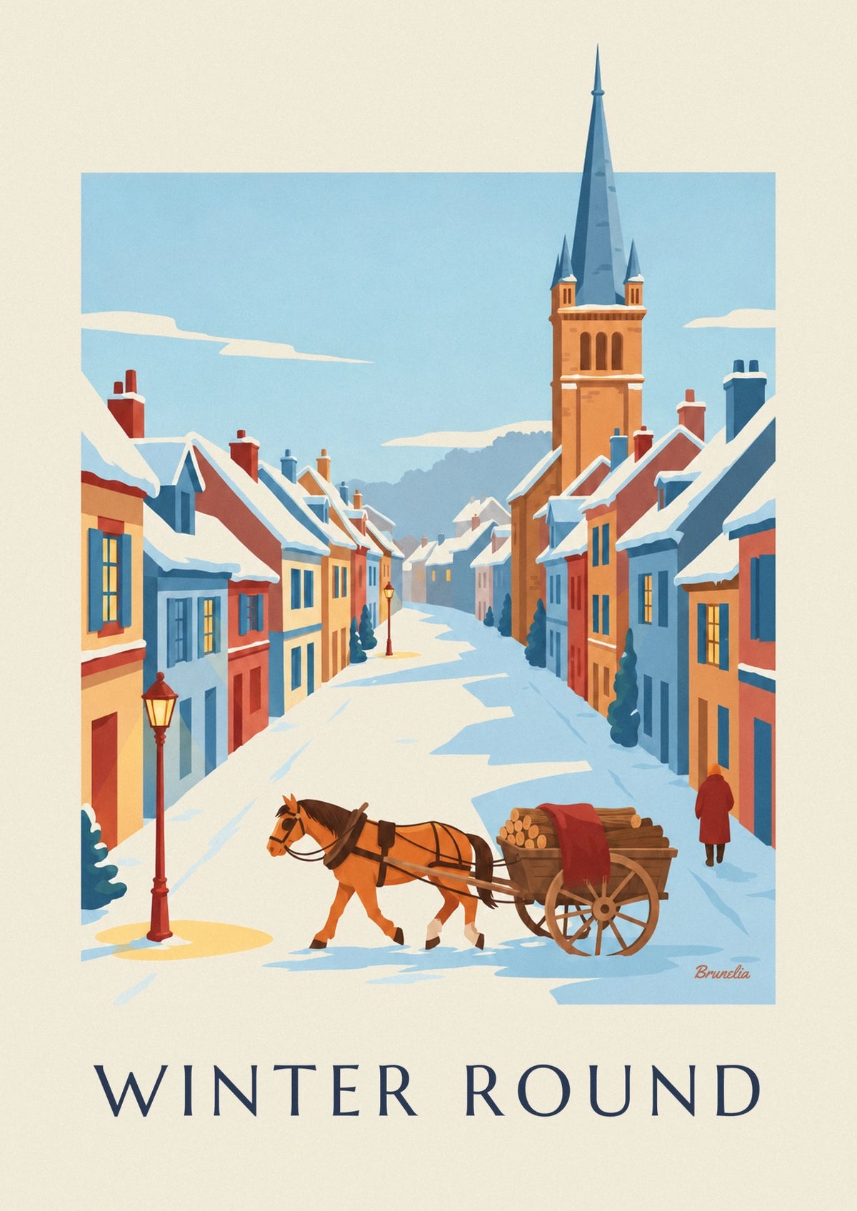 Affiche cheval et charrette dans un village enneigé