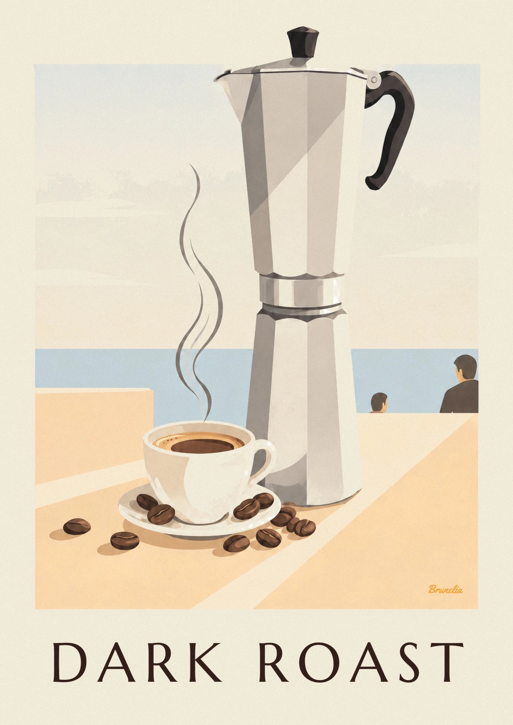 Une tasse blanche d’expresso fumant sur sa soucoupe, entourée de grains de café