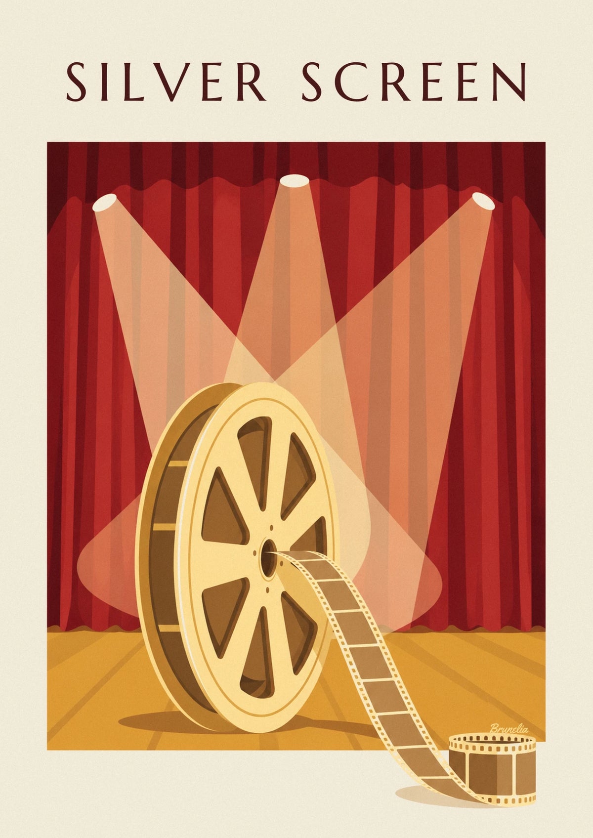 Affiche bobine de film dorée devant un rideau de velours rouge