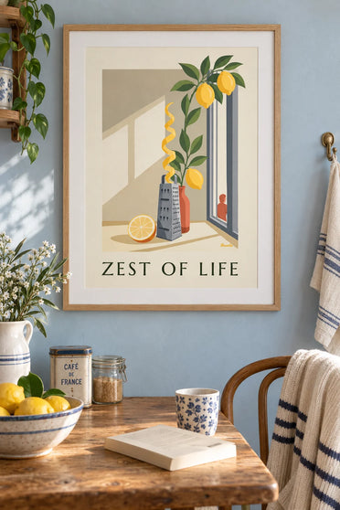 Poster of lemon zest and a kitchen grater by a window: framed on the wall