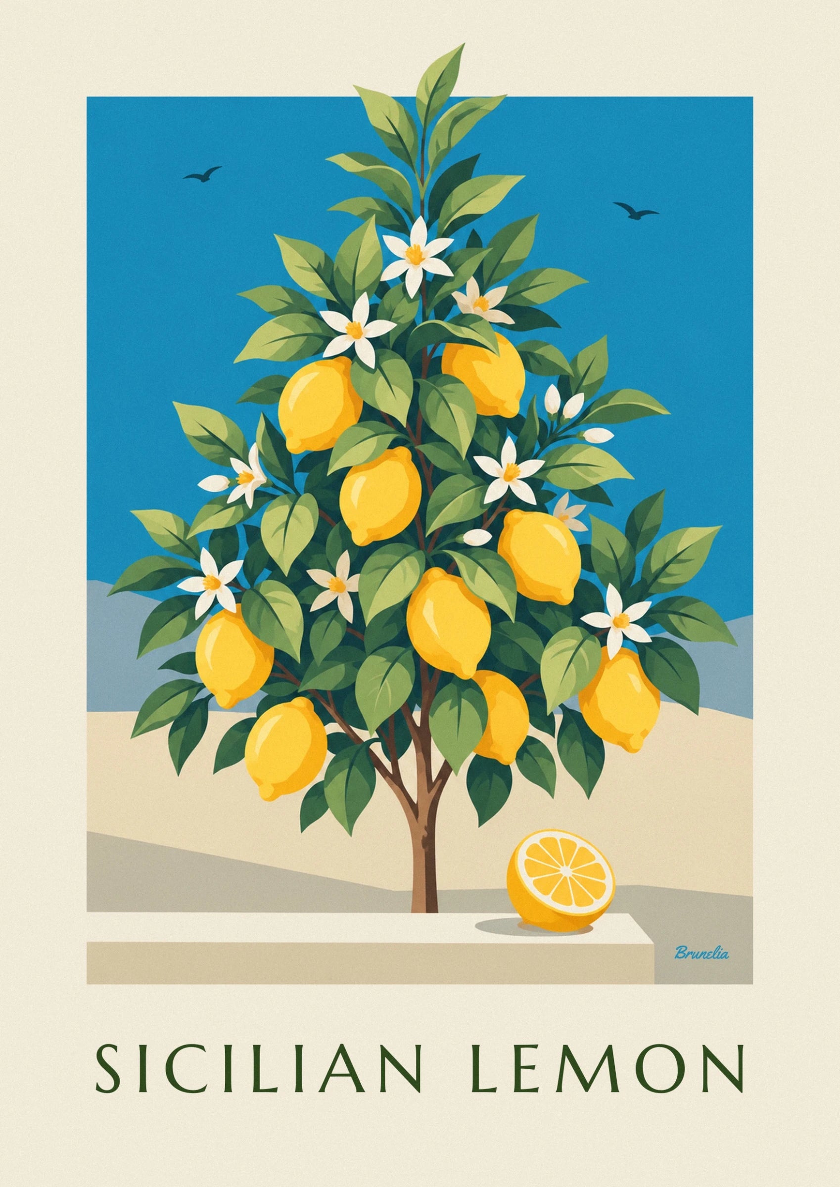 The ripe lemons among green leaves and white blossom against a blue sky