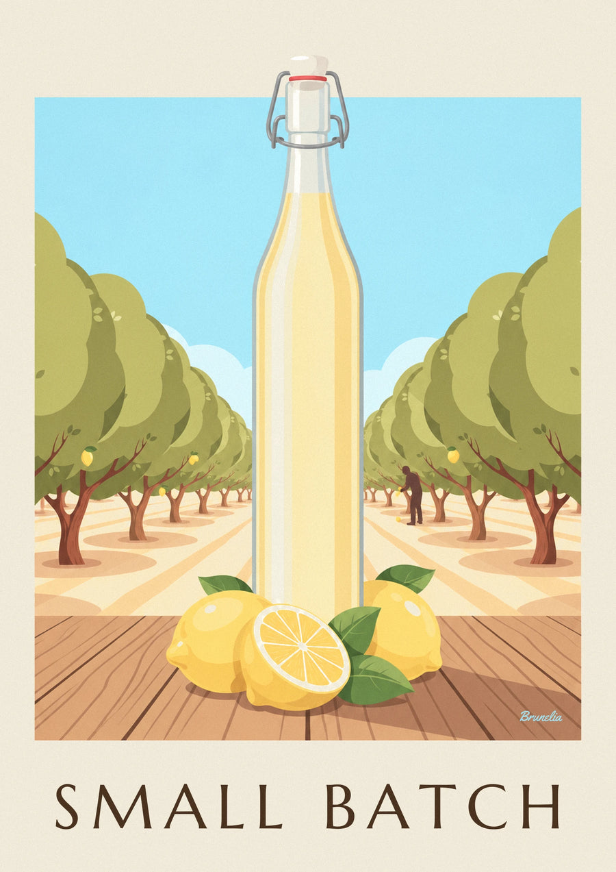 Plakat med flaske håndlavet limonade og citroner