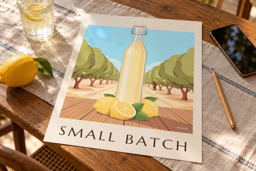 Plakat med flaske hjemmelavet citronade og citroner: stillet på et bord