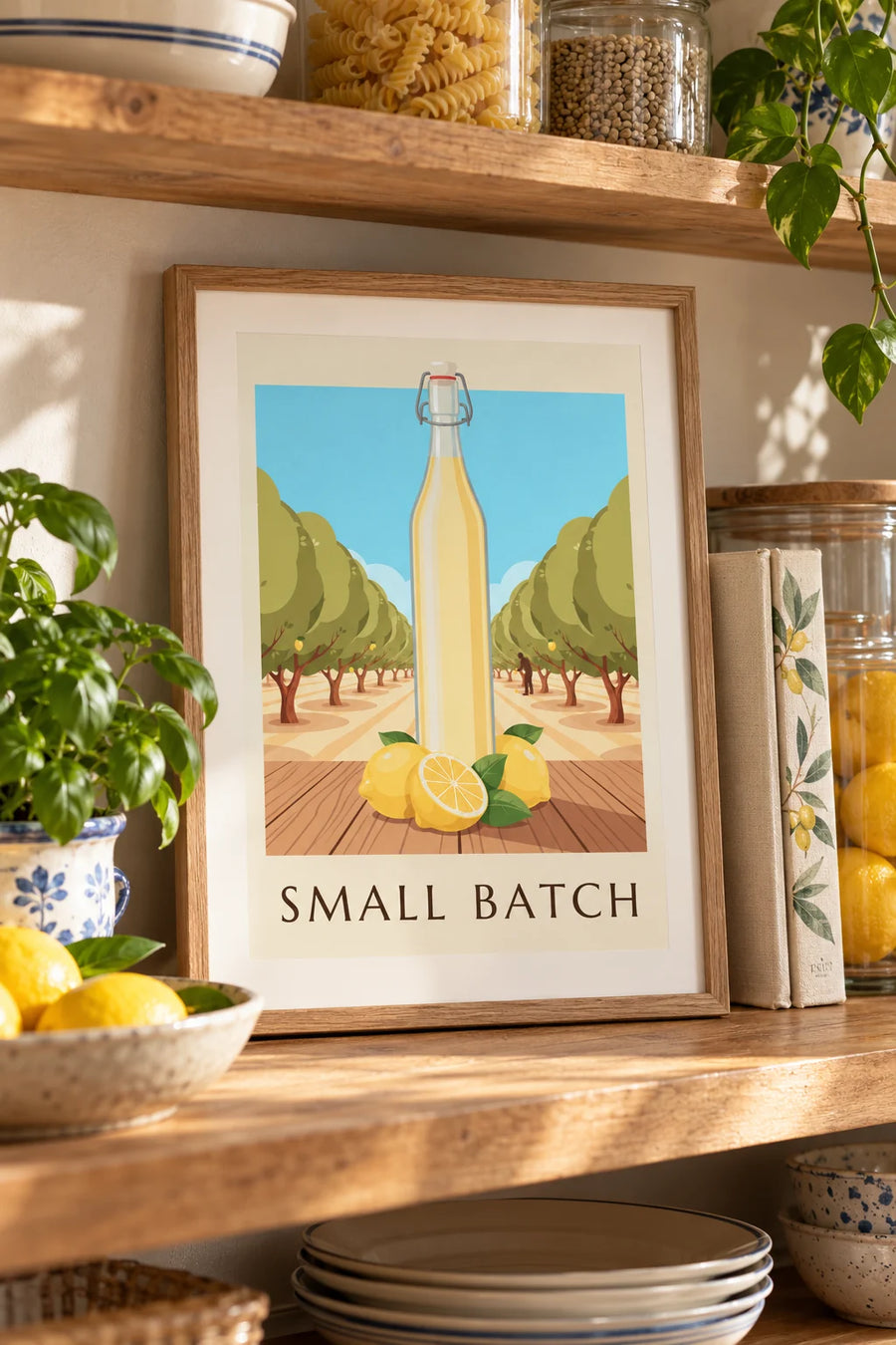 Plakat med flaske hjemmelavet citronade og citroner: lille A4-format i ramme