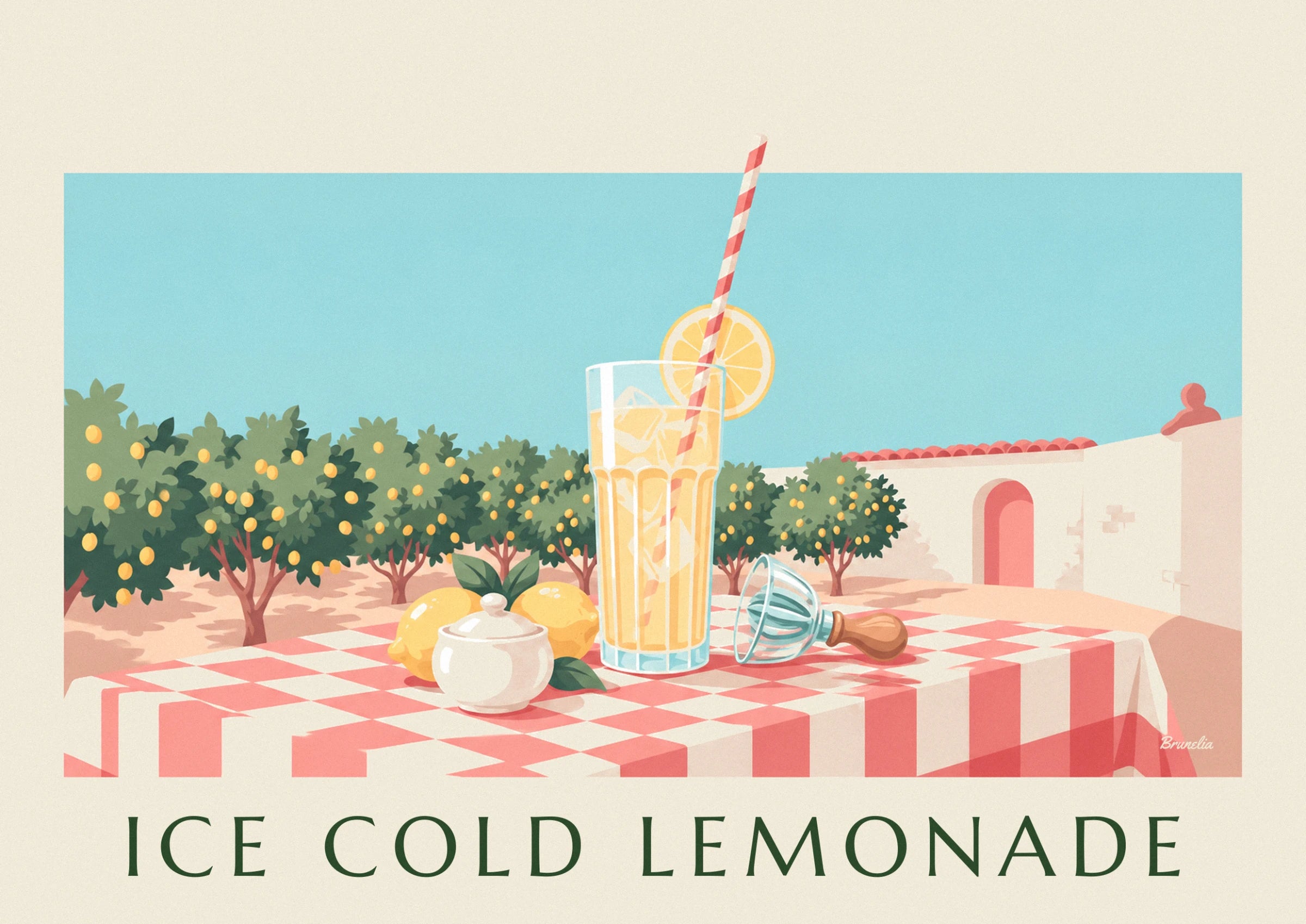 The tall glass of iced lemonade with its pink striped straw and lemon slice