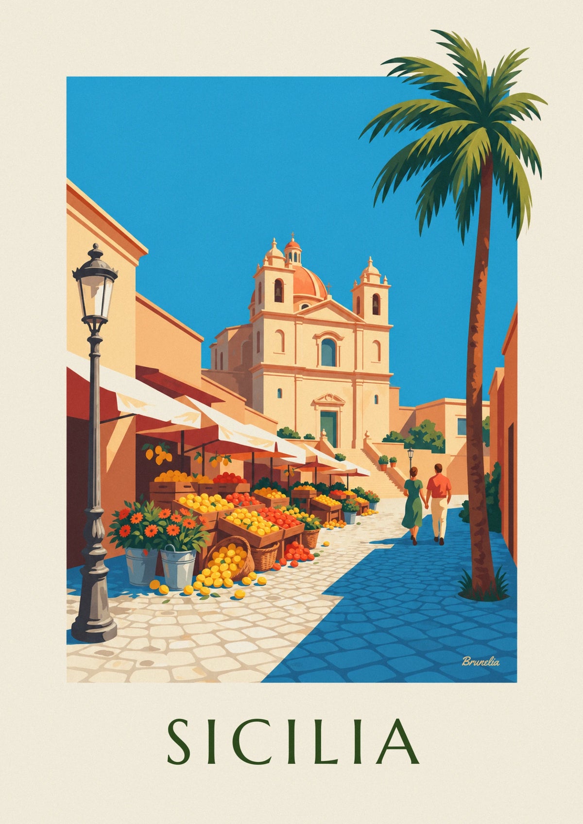 Sicilian market with lemons, oranges and flowers poster