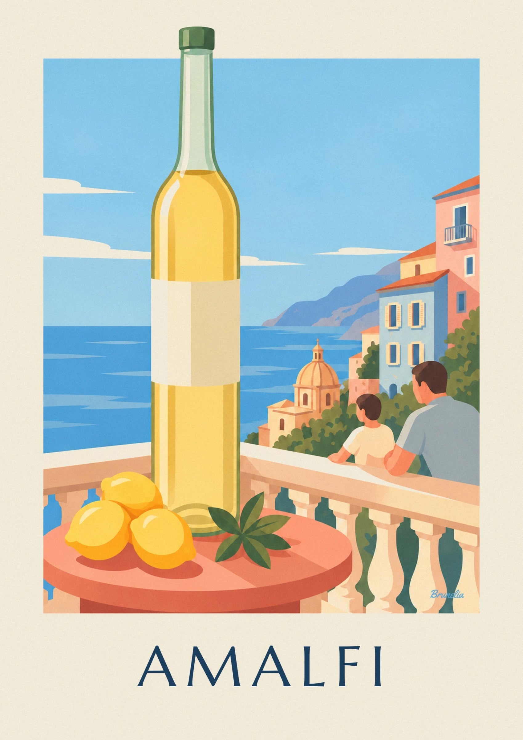The yellow bottle with a cream label in front of the blue sea of the côte amalfitaine