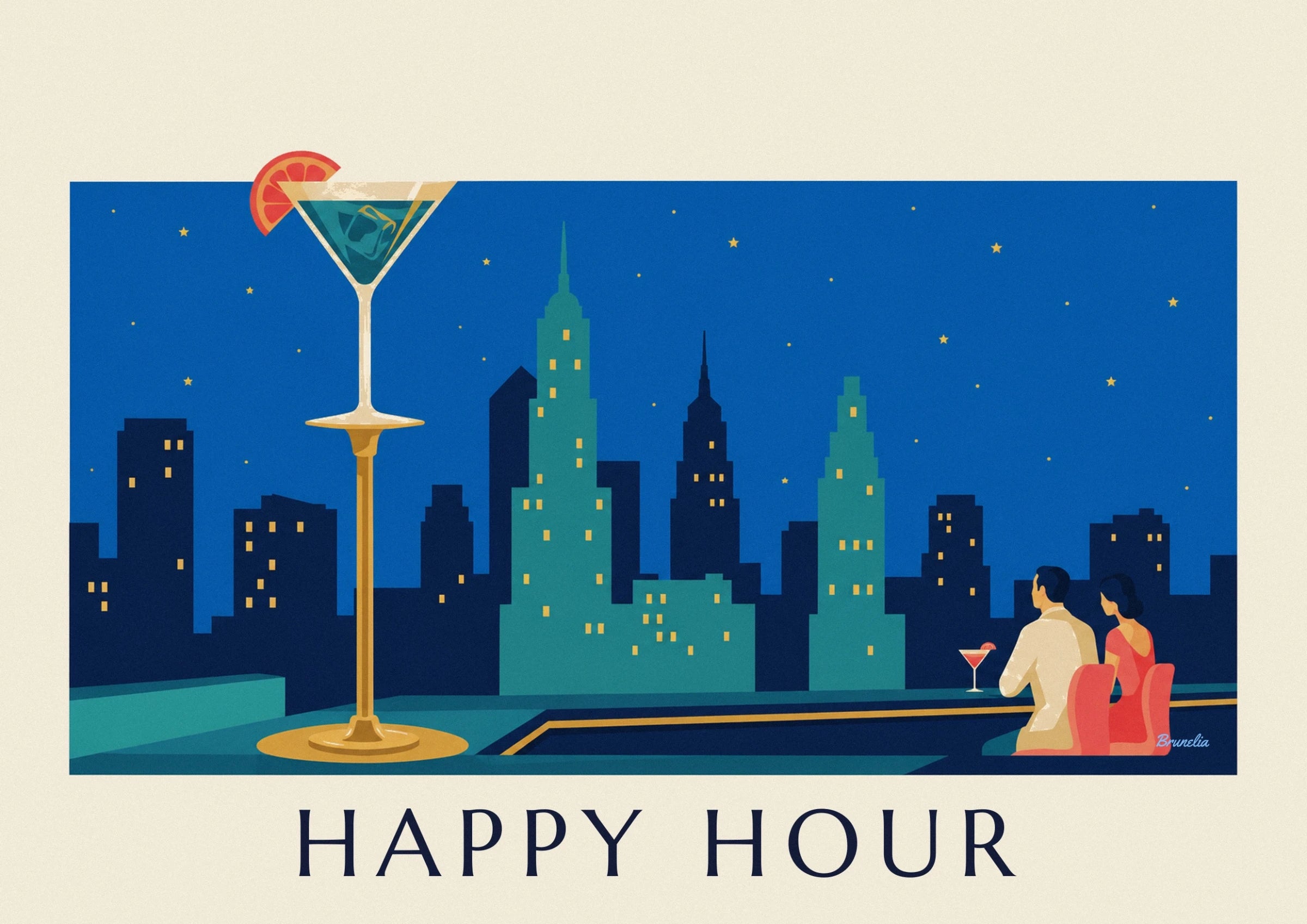 The long golden stem of the cocktail glass on the bar, in front of the lit buildings