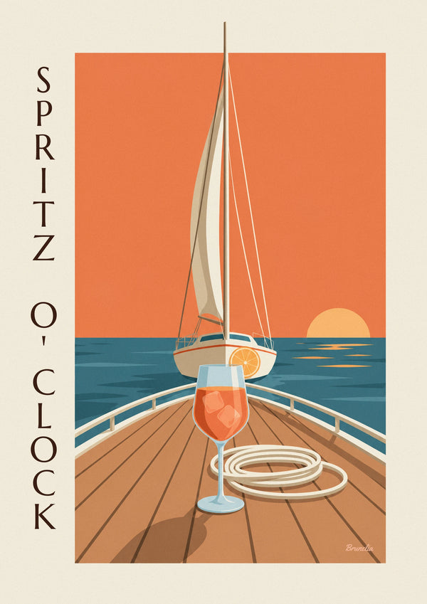 Affiche spritz sur le pont d'un voilier au coucher du soleil