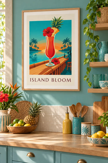 Affiche cocktail tropical à l'hibiscus sur un bar de plage : encadrée au mur